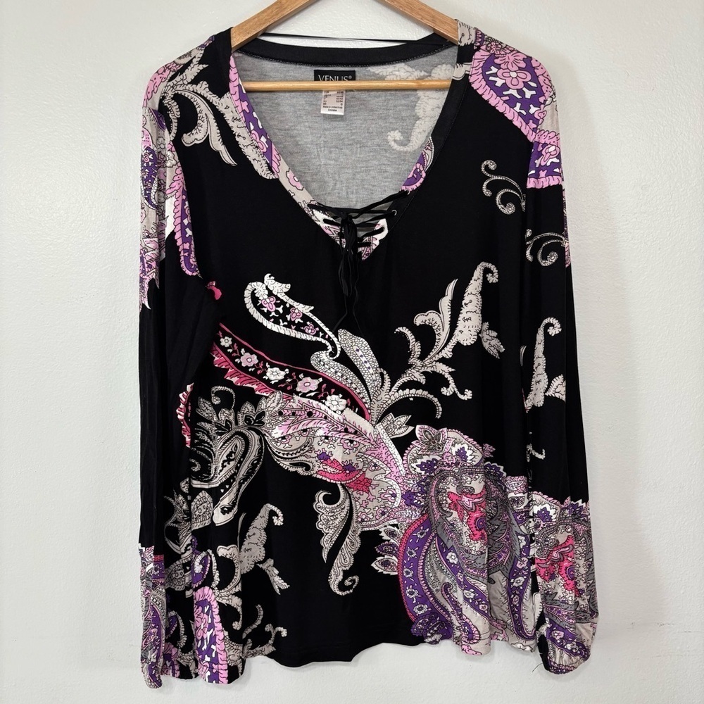 Venus Long Sleeve Abstract Floral Paisley Print V Neck Blouse Size L - Picture 2 of 6